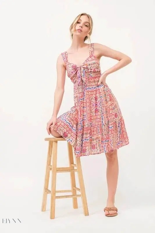 Boho Printed Tied Front Smocked Back Tiered Dress - EBYNN