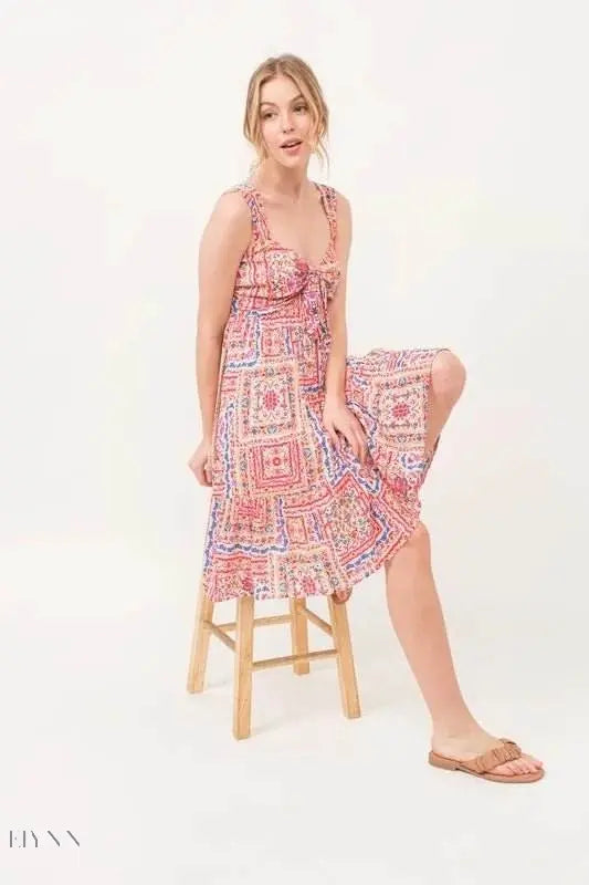 Boho Printed Tied Front Smocked Back Tiered Dress - EBYNN