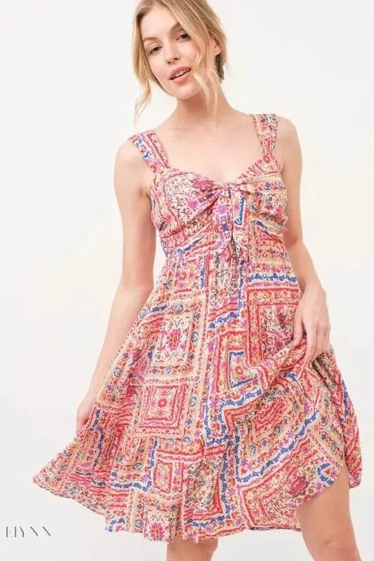 Boho Printed Tied Front Smocked Back Tiered Dress - EBYNN