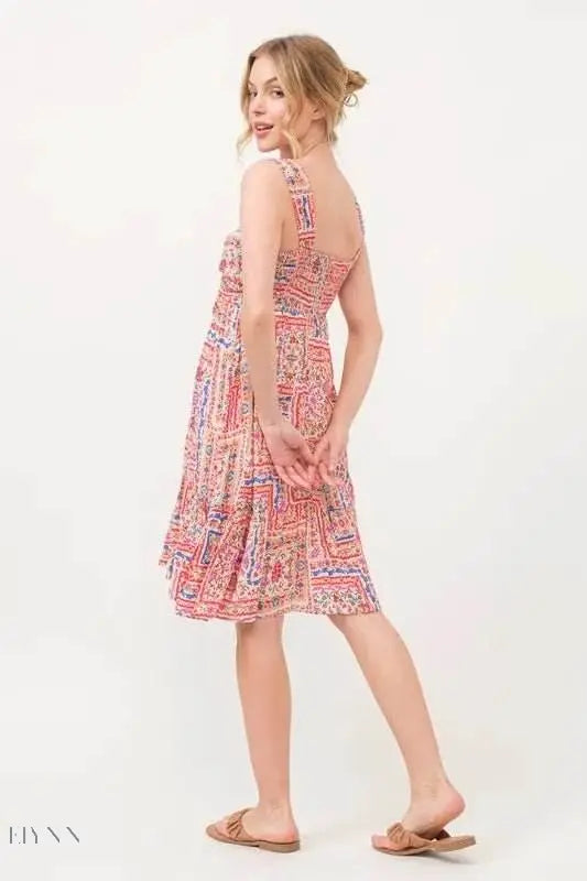 Boho Printed Tied Front Smocked Back Tiered Dress - EBYNN