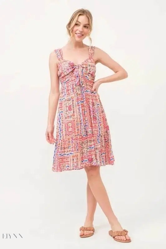 Boho Printed Tied Front Smocked Back Tiered Dress - EBYNN