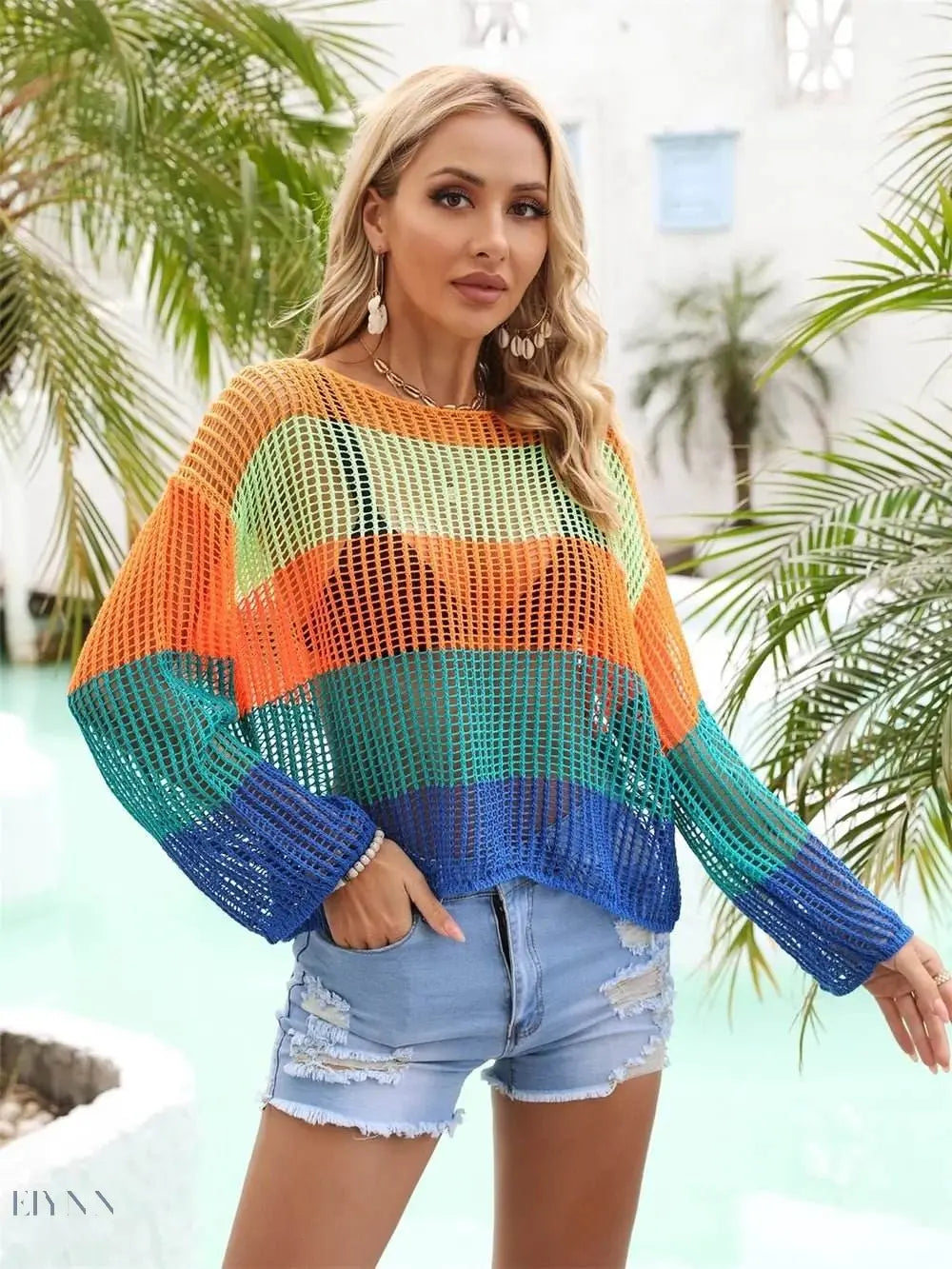 Angel Wings Color Block Openwork Boat Neck Cover Up - EBYNN