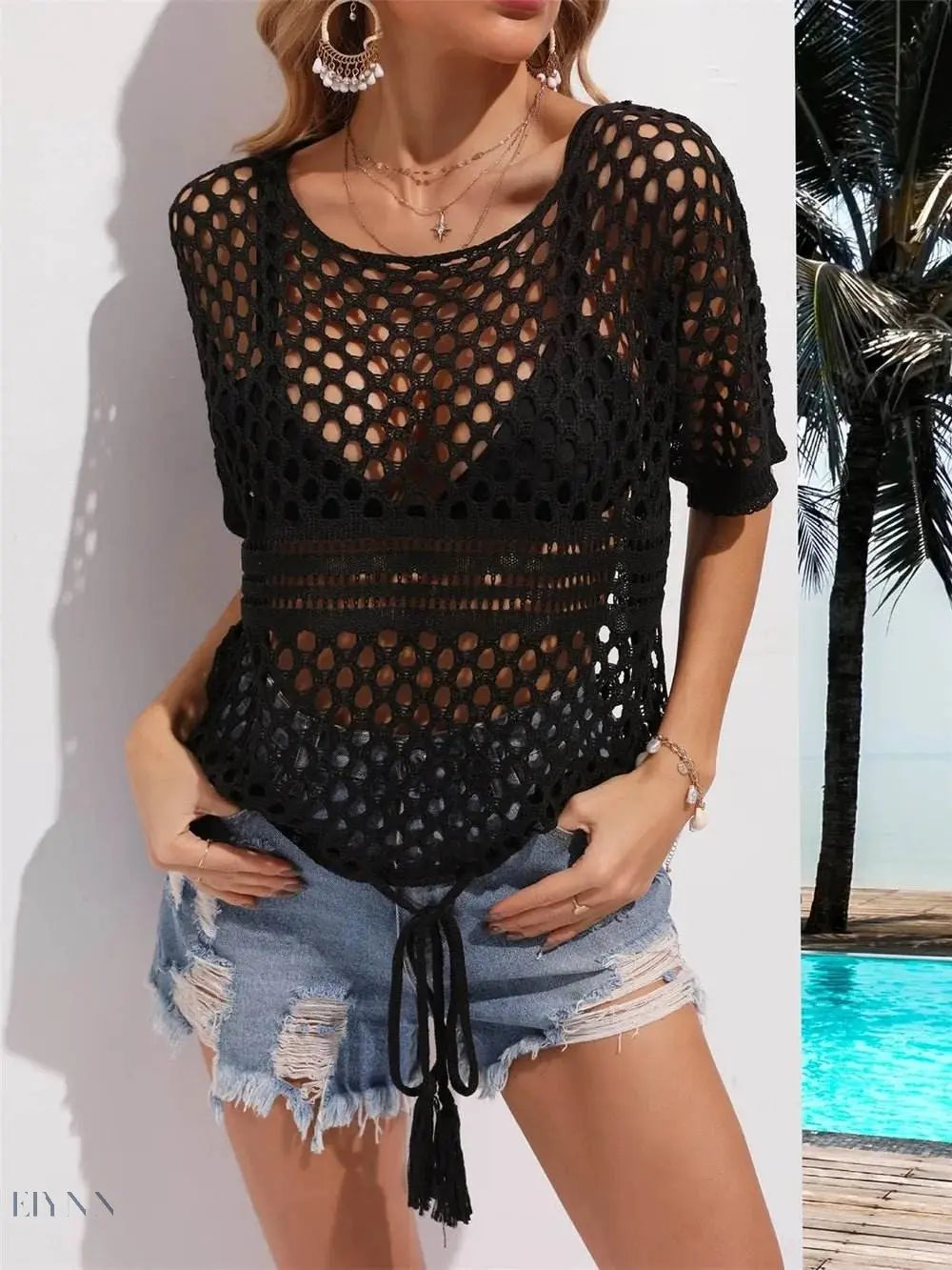 Angel Wings Cutout Round Neck Short Sleeve Cover Up - EBYNN