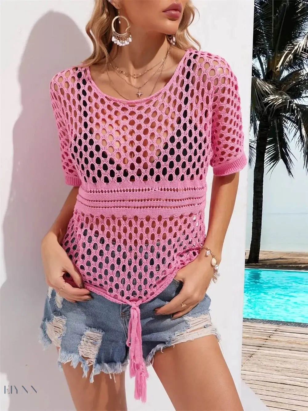 Angel Wings Cutout Round Neck Short Sleeve Cover Up - EBYNN