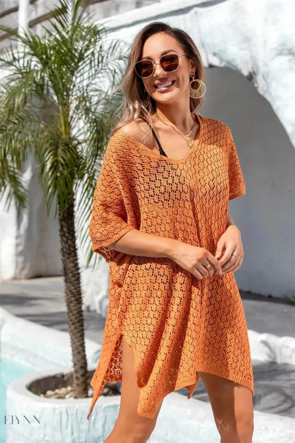 Angel Wings Openwork Slit Scoop Neck Cover Up - EBYNN