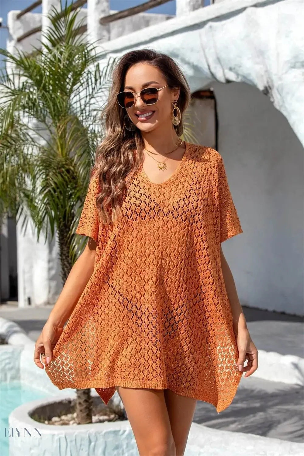 Angel Wings Openwork Slit Scoop Neck Cover Up - EBYNN