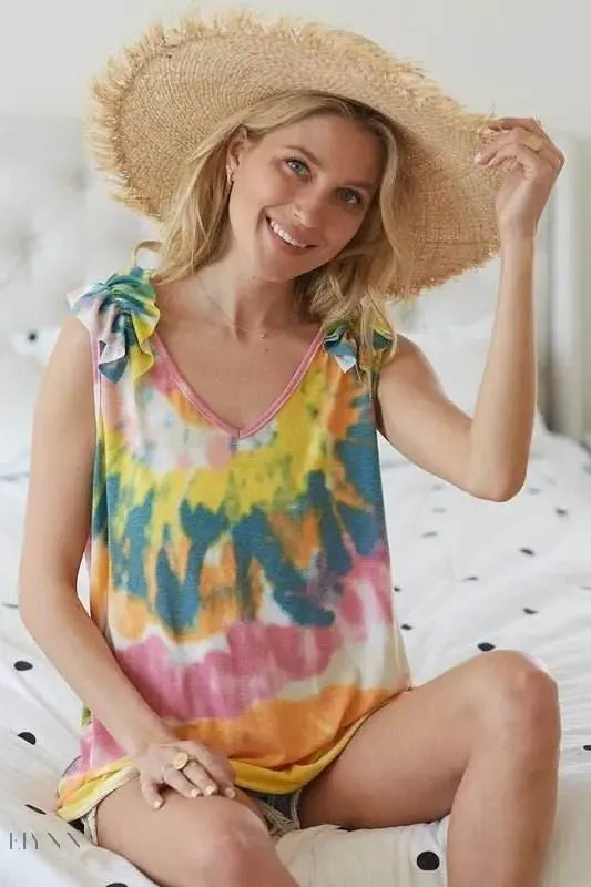 BiBi Tie Dye V Neck Top with Ruffle - Stylish Knit. - EBYNN