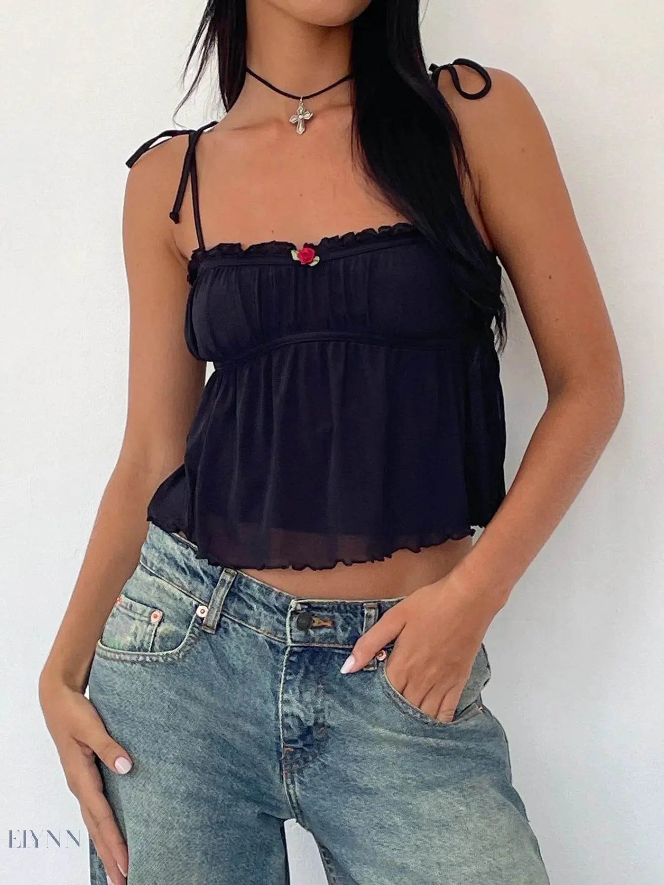 Contrast Trim Cami Top with Adjustable Tie Straps - EBYNN