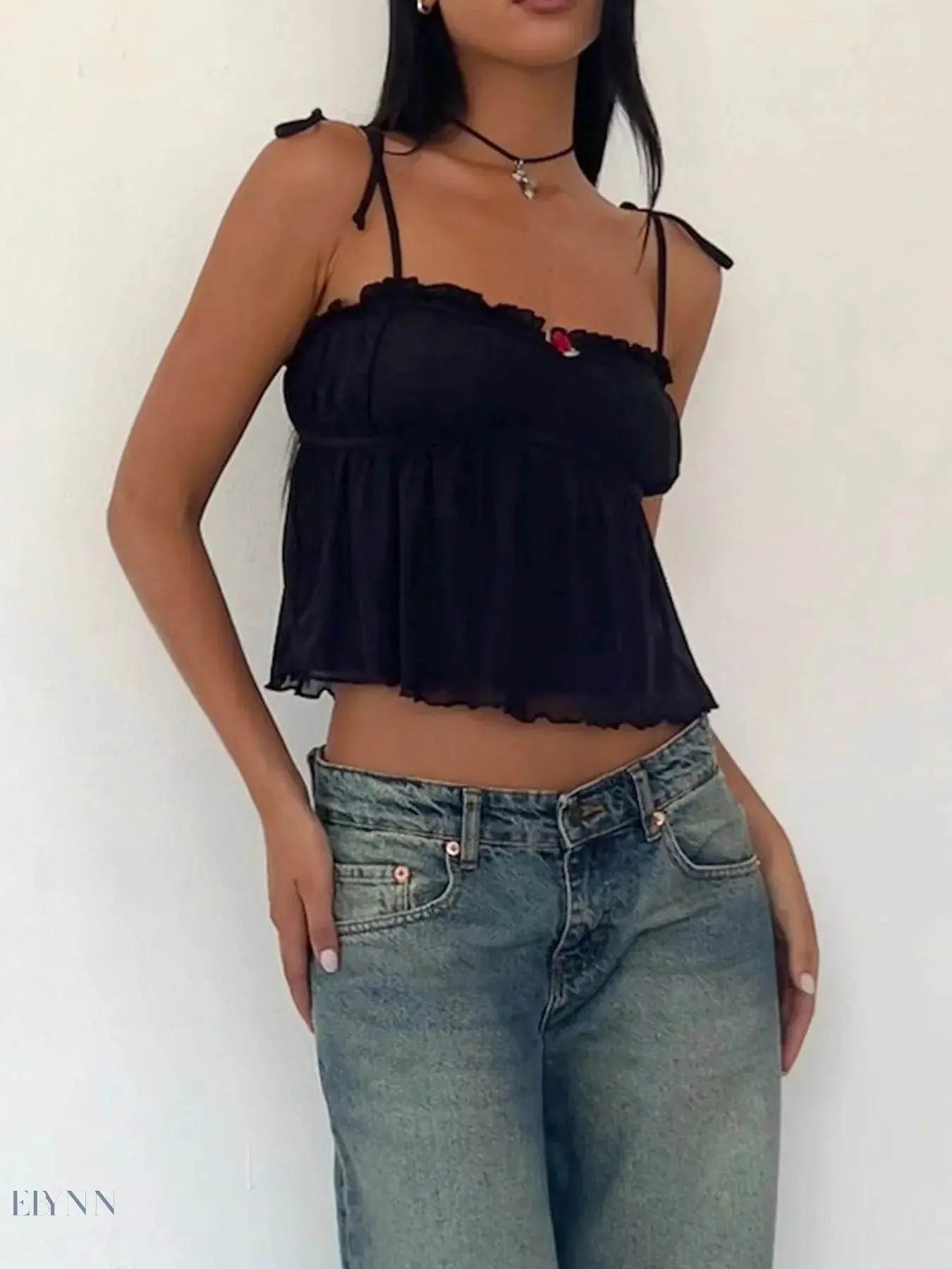 Contrast Trim Cami Top with Adjustable Tie Straps - EBYNN