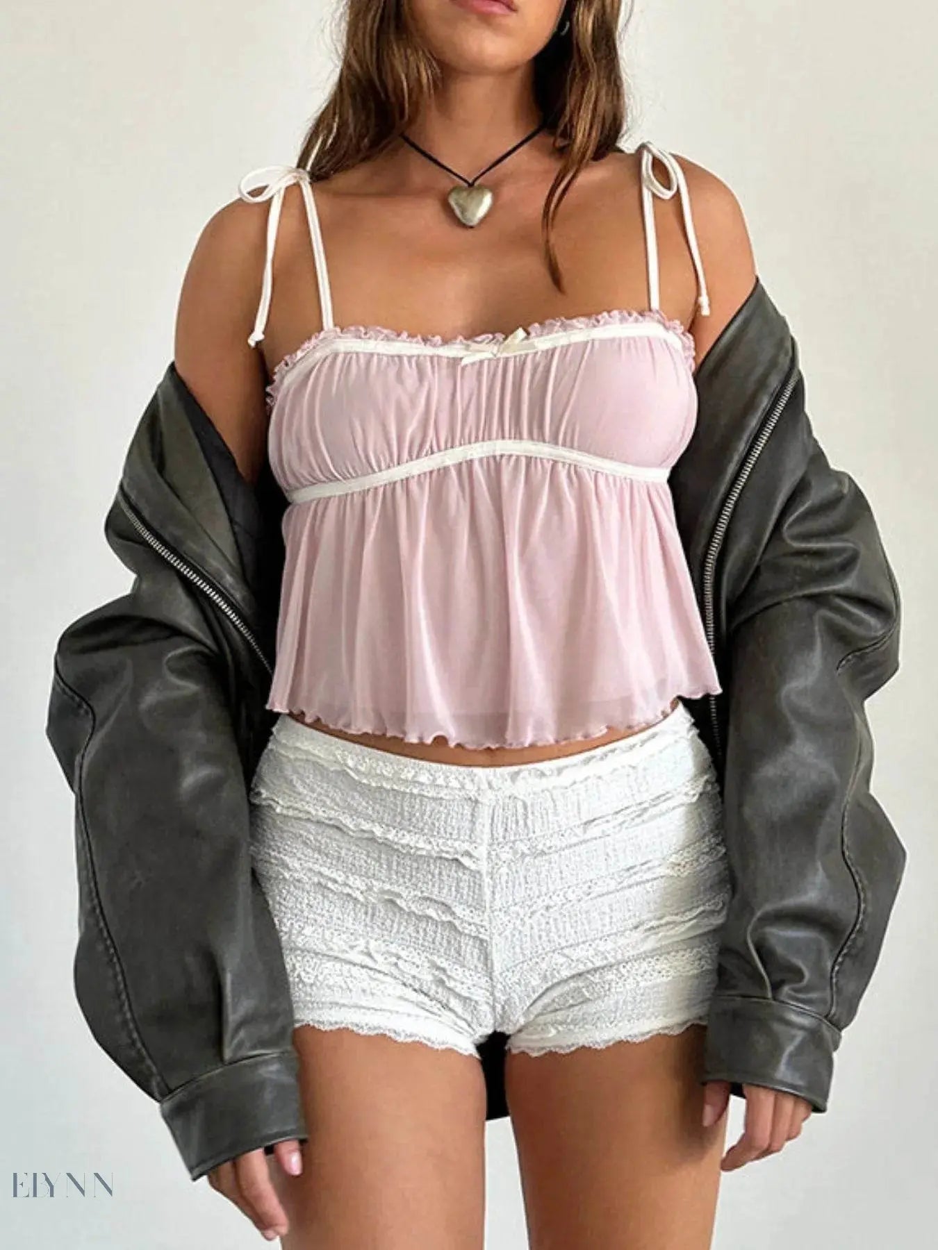 Contrast Trim Cami Top with Adjustable Tie Straps - EBYNN