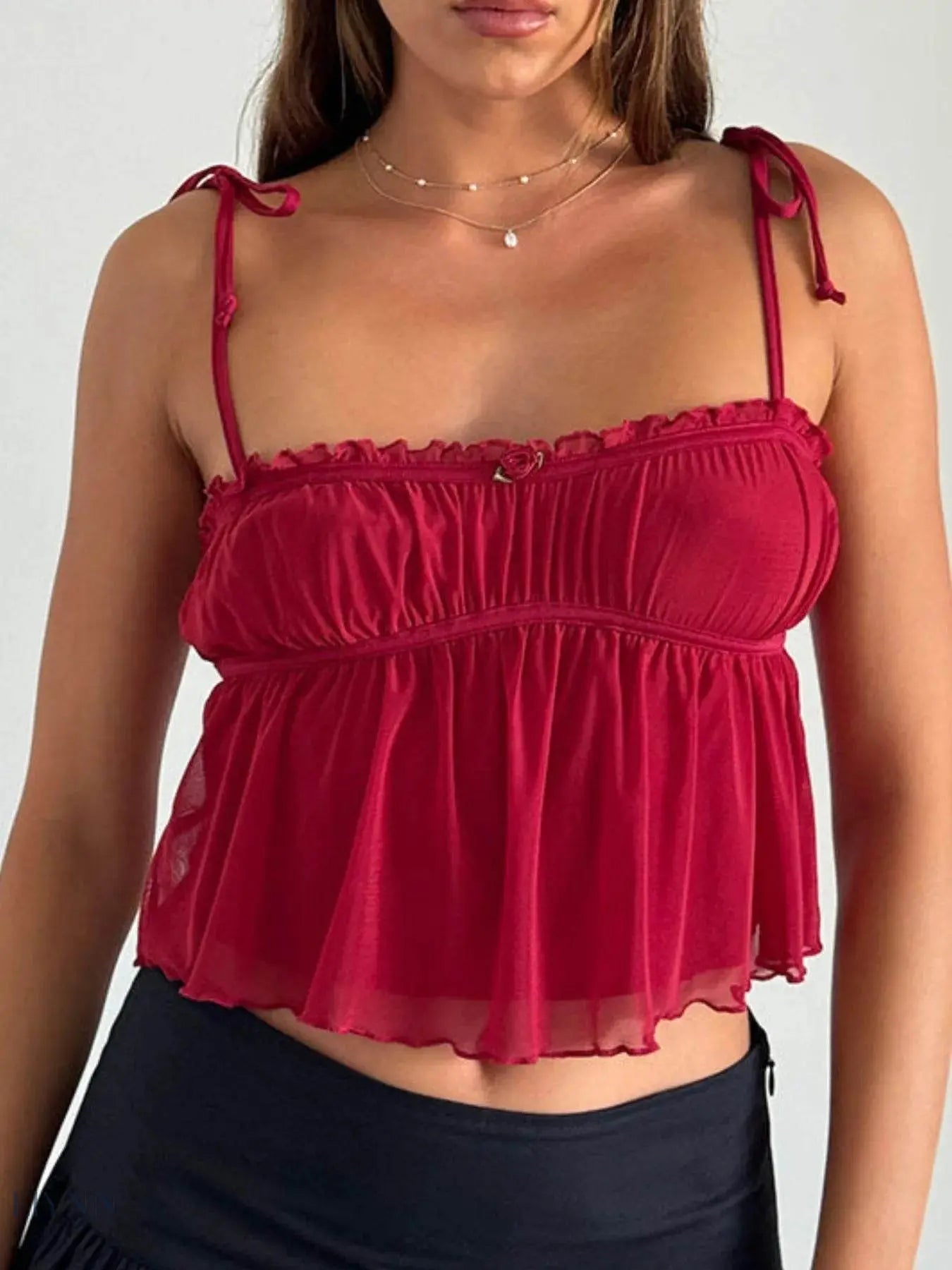 Contrast Trim Cami Top with Adjustable Tie Straps - EBYNN