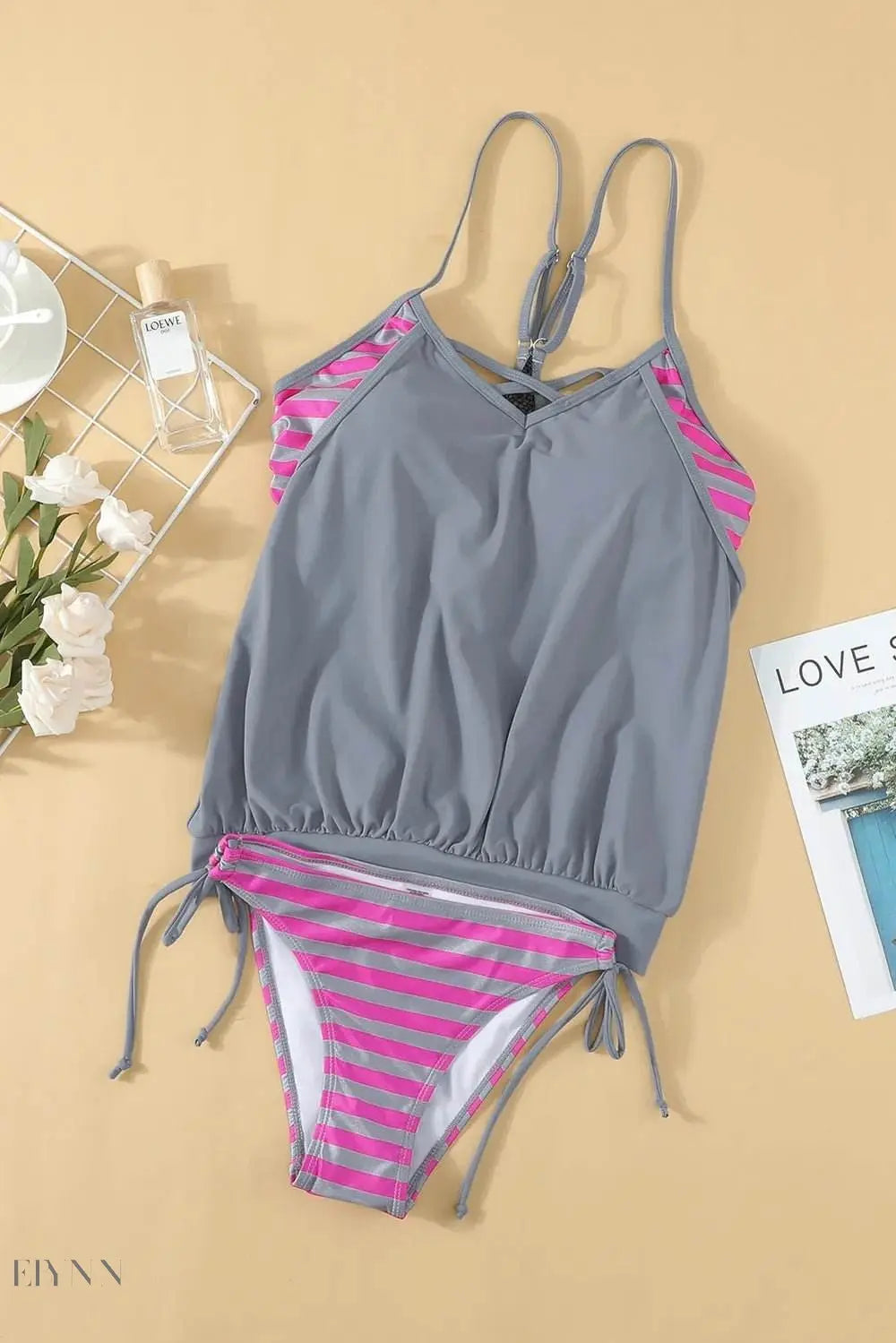 Crisscross Striped Spaghetti Strap Tankini Set - EBYNN
