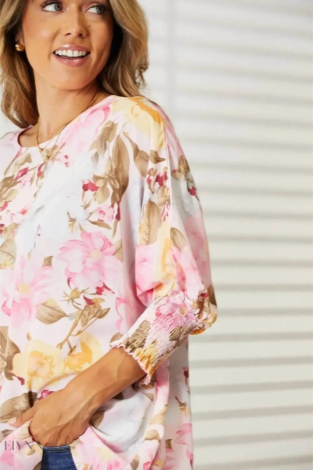 Floral Round Neck Top with Three-Quarter Sleeves - EBYNN