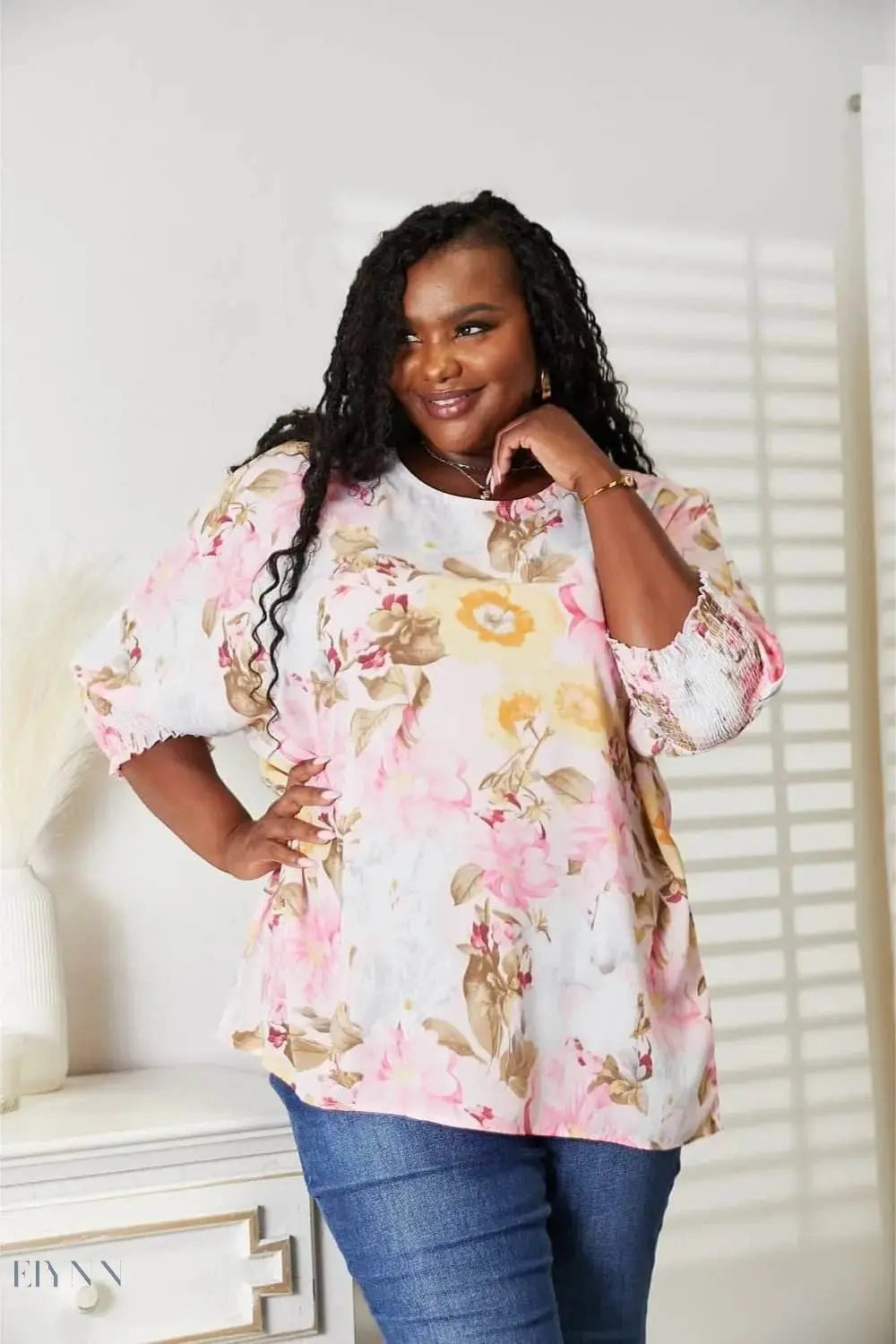 Floral Round Neck Top with Three-Quarter Sleeves - EBYNN