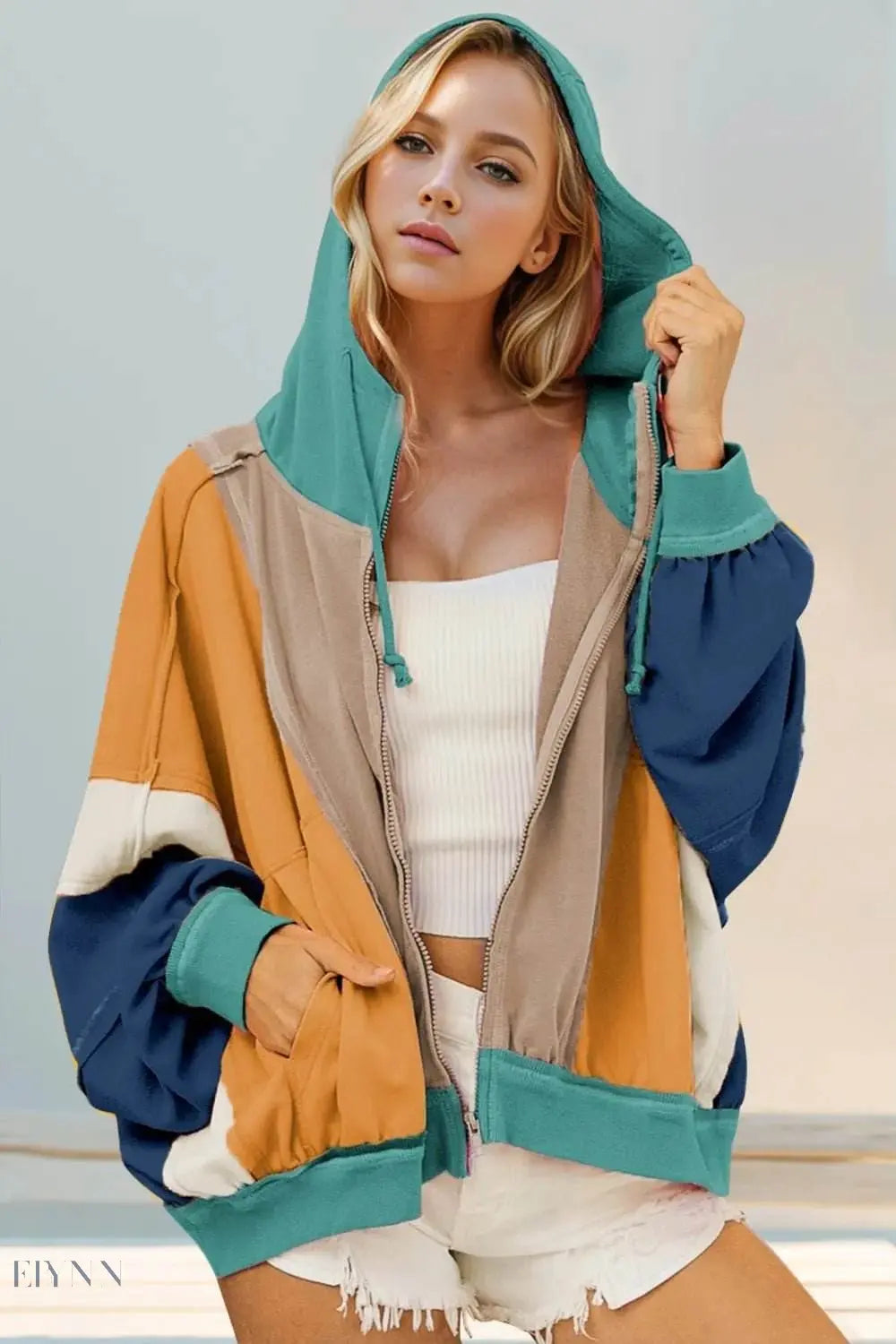 Double Take Full Size Color Block Zip Up Hoodie - EBYNN