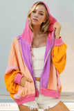 Double Take Full Size Color Block Zip Up Hoodie - EBYNN