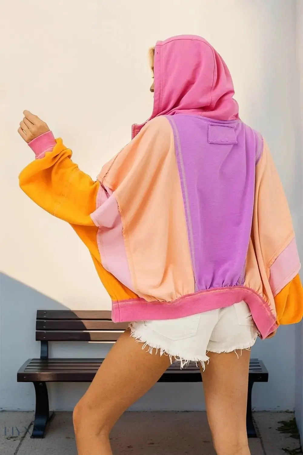 Double Take Full Size Color Block Zip Up Hoodie - EBYNN