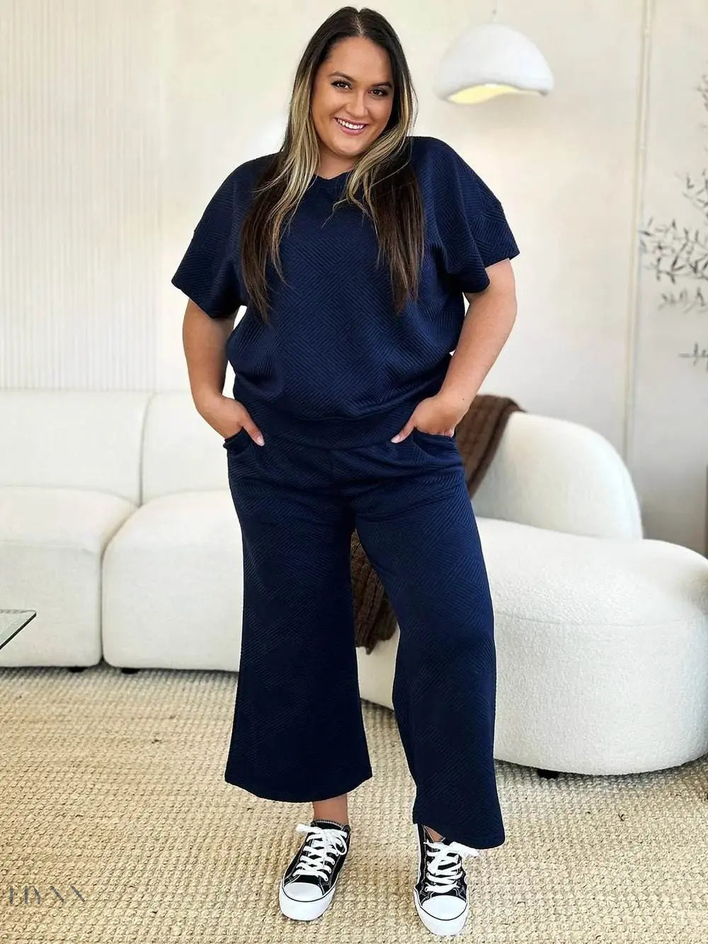 Double Take Full Size Texture Short Sleeve Top & Pants Set - EBYNN