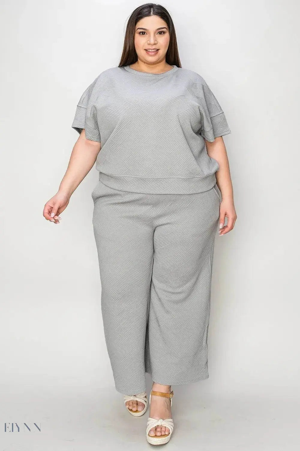 Double Take Full Size Texture Short Sleeve Top & Pants Set - EBYNN