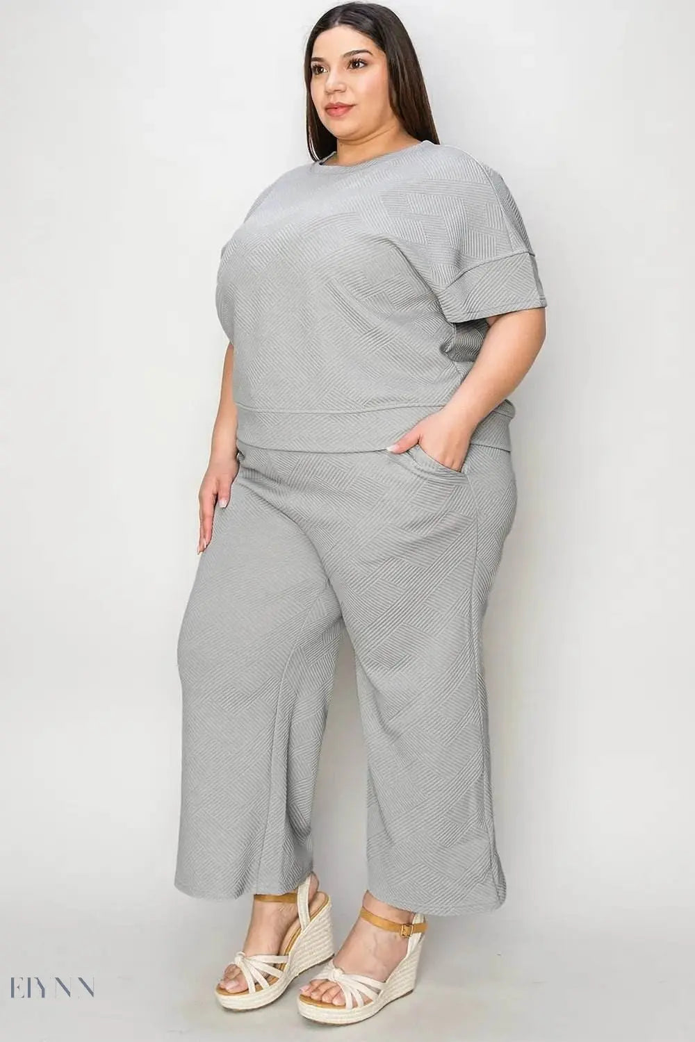 Double Take Full Size Texture Short Sleeve Top & Pants Set - EBYNN