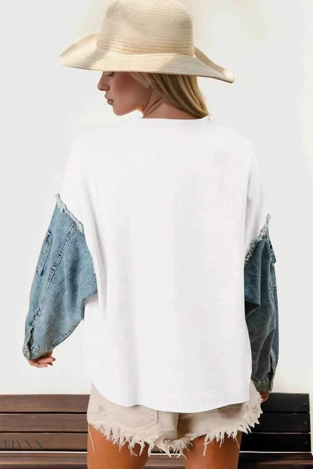 Women's Star Sweatshirt with Denim Sleeve Detail - Trendy Addition to Women's Clothing - EBYNN