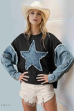 Women's Star Sweatshirt with Denim Sleeve Detail - Trendy Addition to Women's Clothing - EBYNN