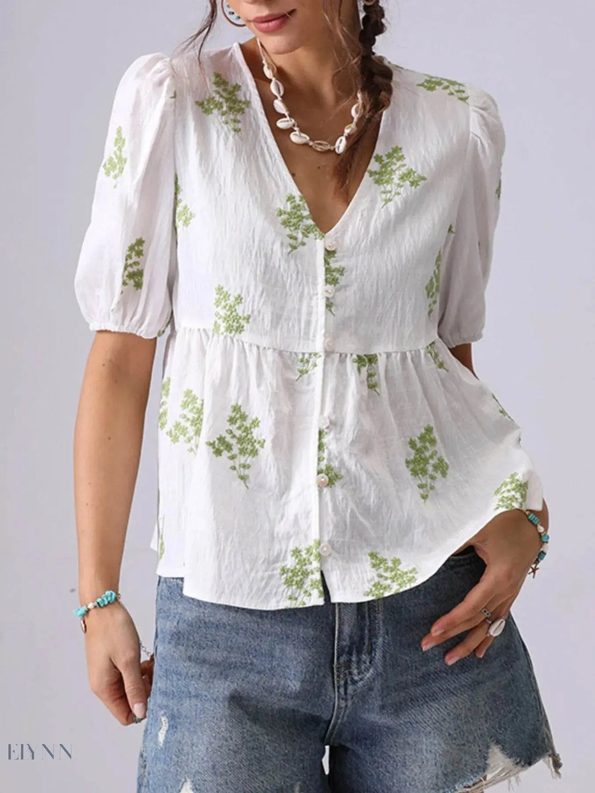 Embroidered Puff Sleeve Blouse with V-Neck Peplum Design - EBYNN