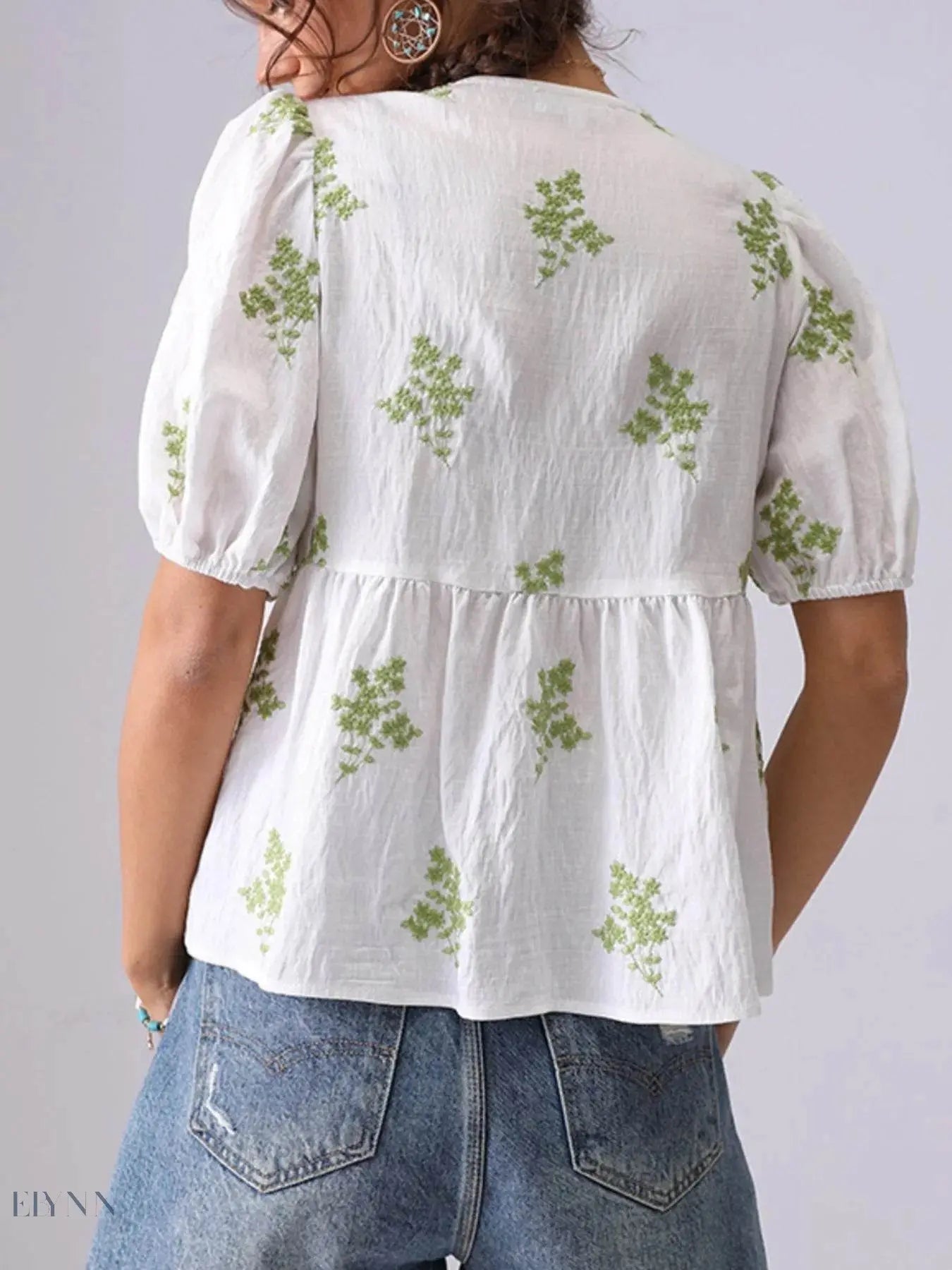 Embroidered Puff Sleeve Blouse with V-Neck Peplum Design - EBYNN