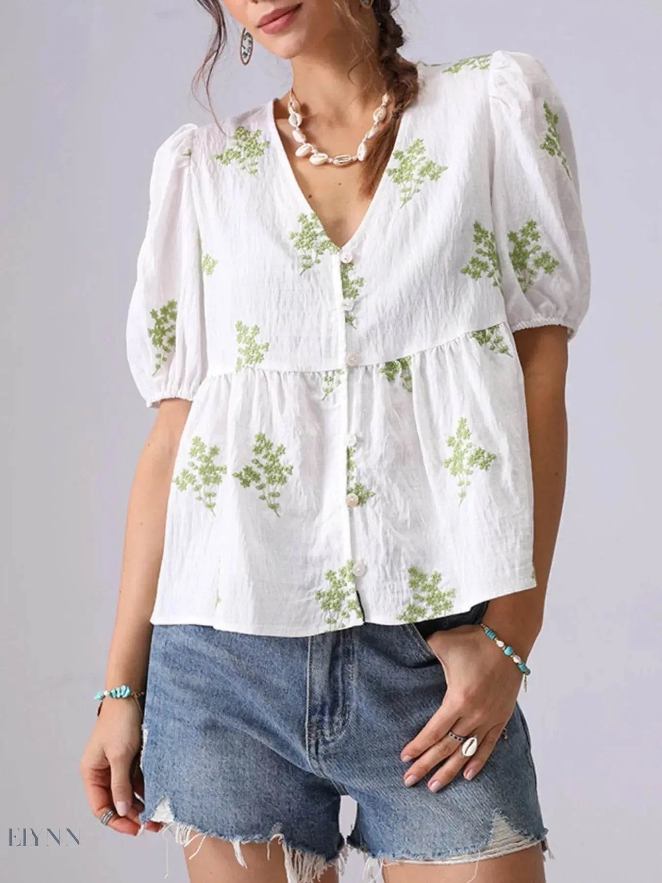 Embroidered Puff Sleeve Blouse with V-Neck Peplum Design - EBYNN