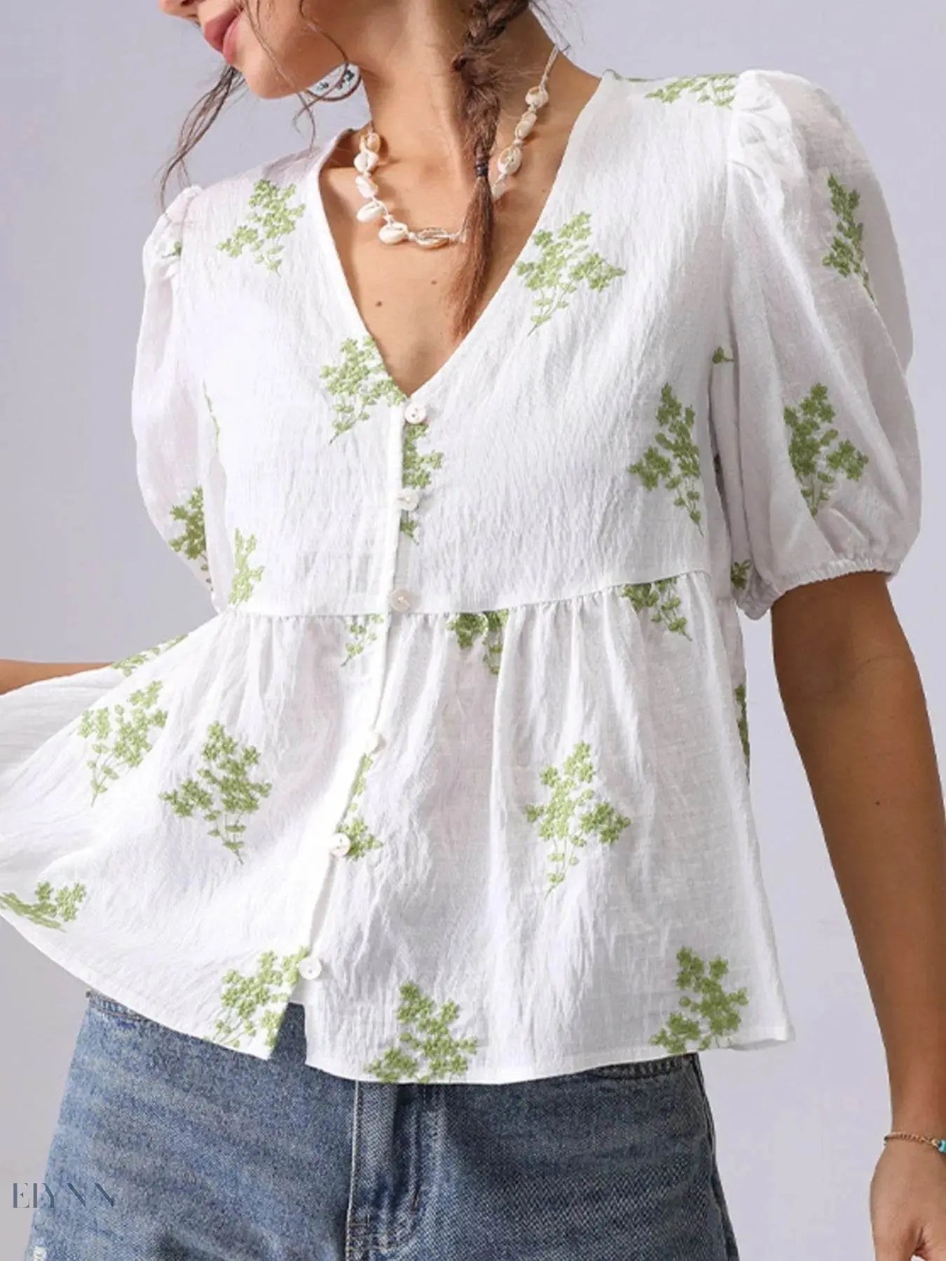 Embroidered Puff Sleeve Blouse with V-Neck Peplum Design - EBYNN