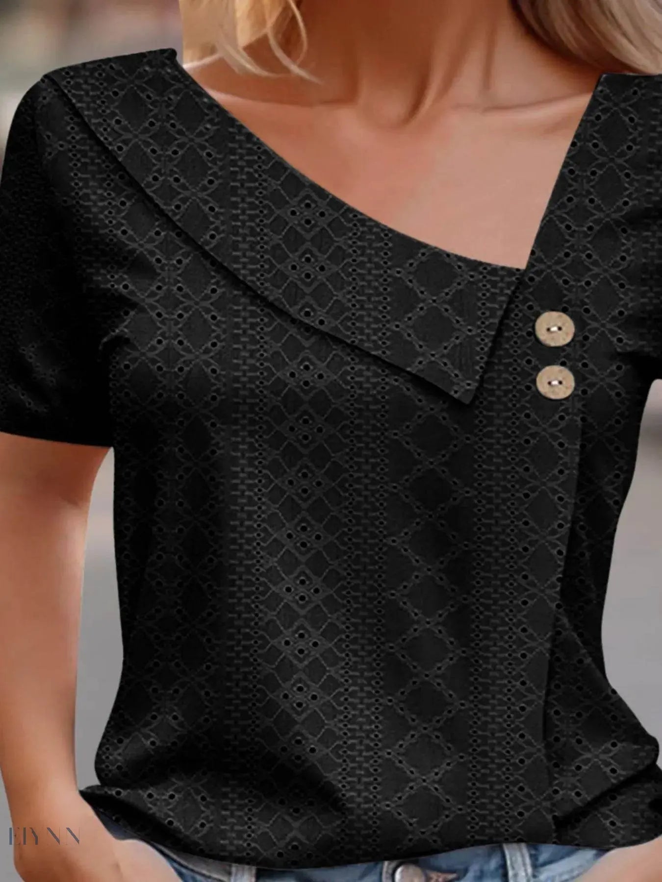 Eyelet Asymmetrical T-Shirt with Short Sleeves - EBYNN
