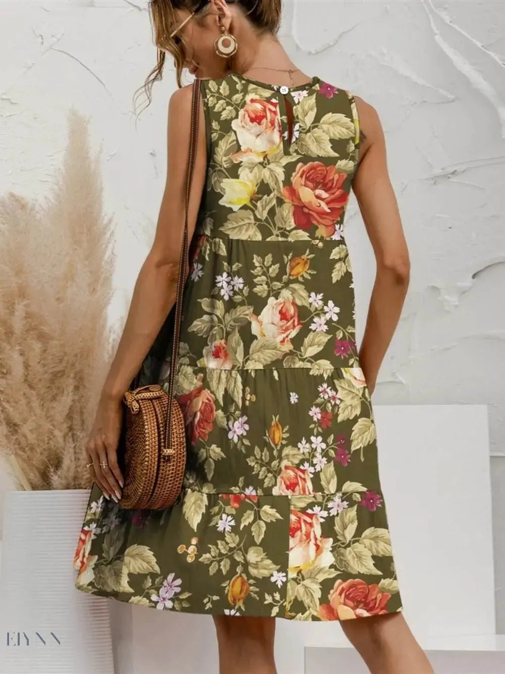 FAM-FAM Tiered Sleeveless Dress - Printed Round Neck Design - EBYNN