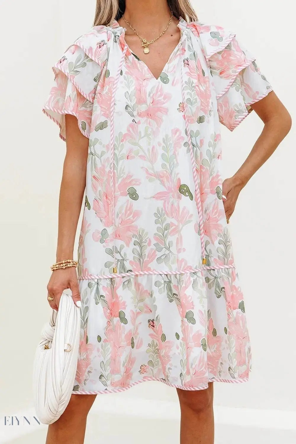 Floral Contrast Edge Layered Mini Dress - EBYNN