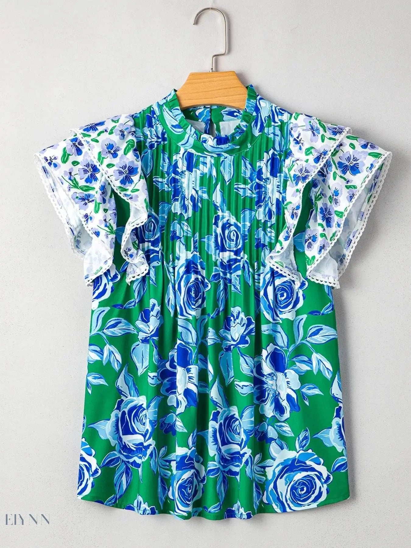 Floral Lace Blouse with Ruffle Sleeves and Pleated Design - EBYNN