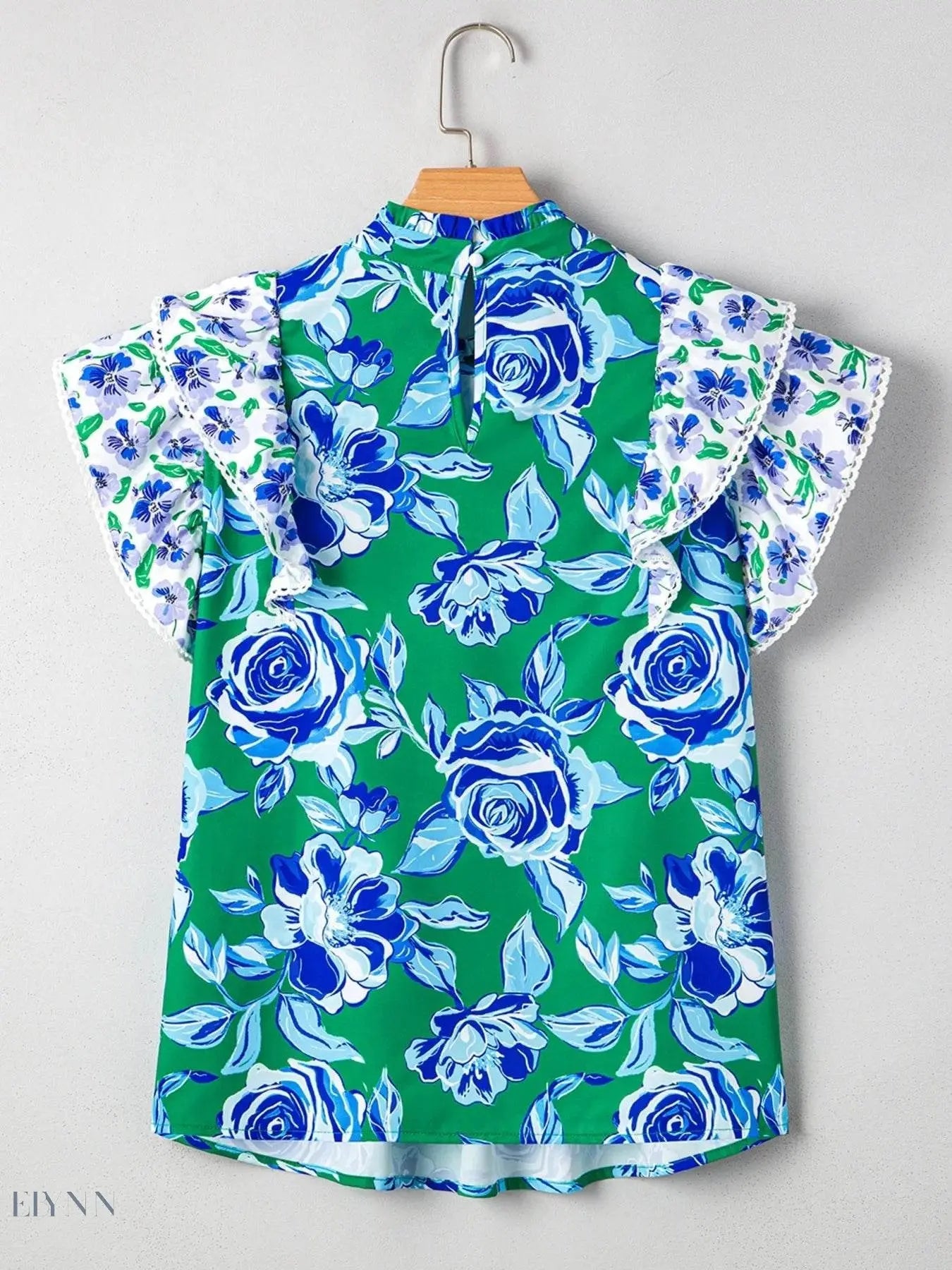 Floral Lace Blouse with Ruffle Sleeves and Pleated Design - EBYNN