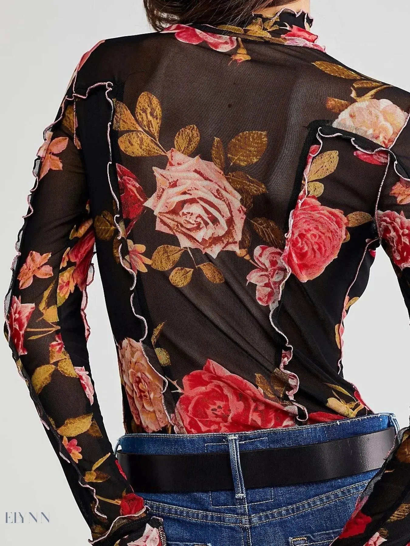 Floral Print Long Sleeve Top with Mock Neck - EBYNN