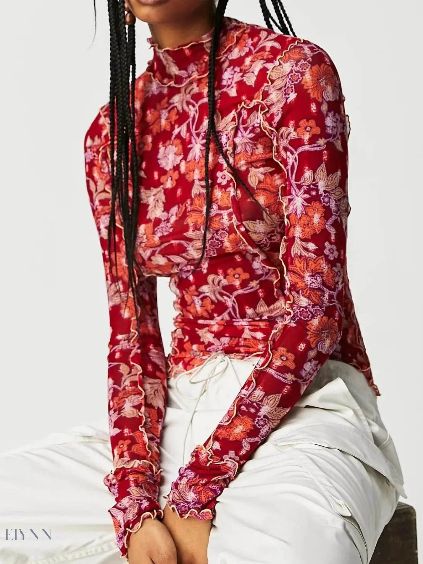 Floral Print Long Sleeve Top with Mock Neck - EBYNN