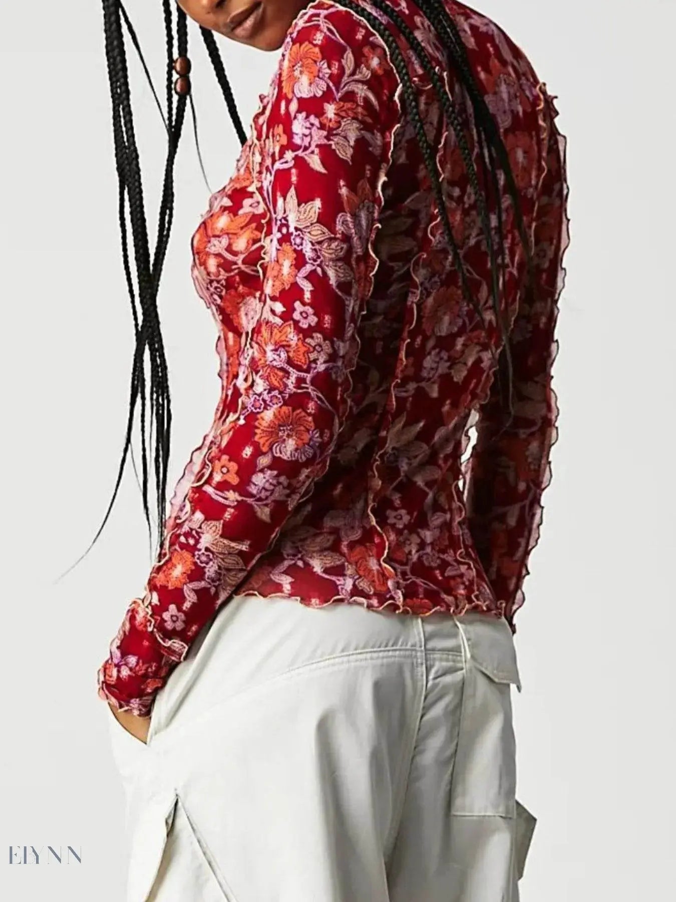 Floral Print Long Sleeve Top with Mock Neck - EBYNN