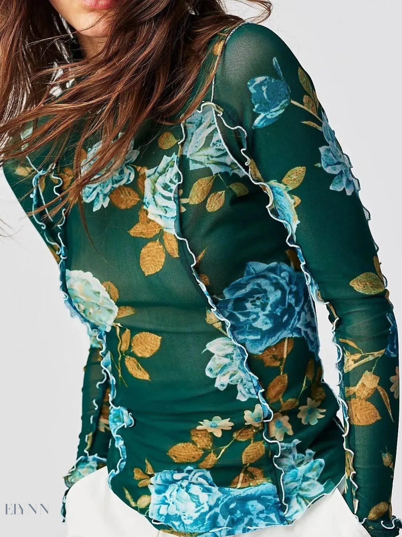 Floral Print Long Sleeve Top with Mock Neck - EBYNN