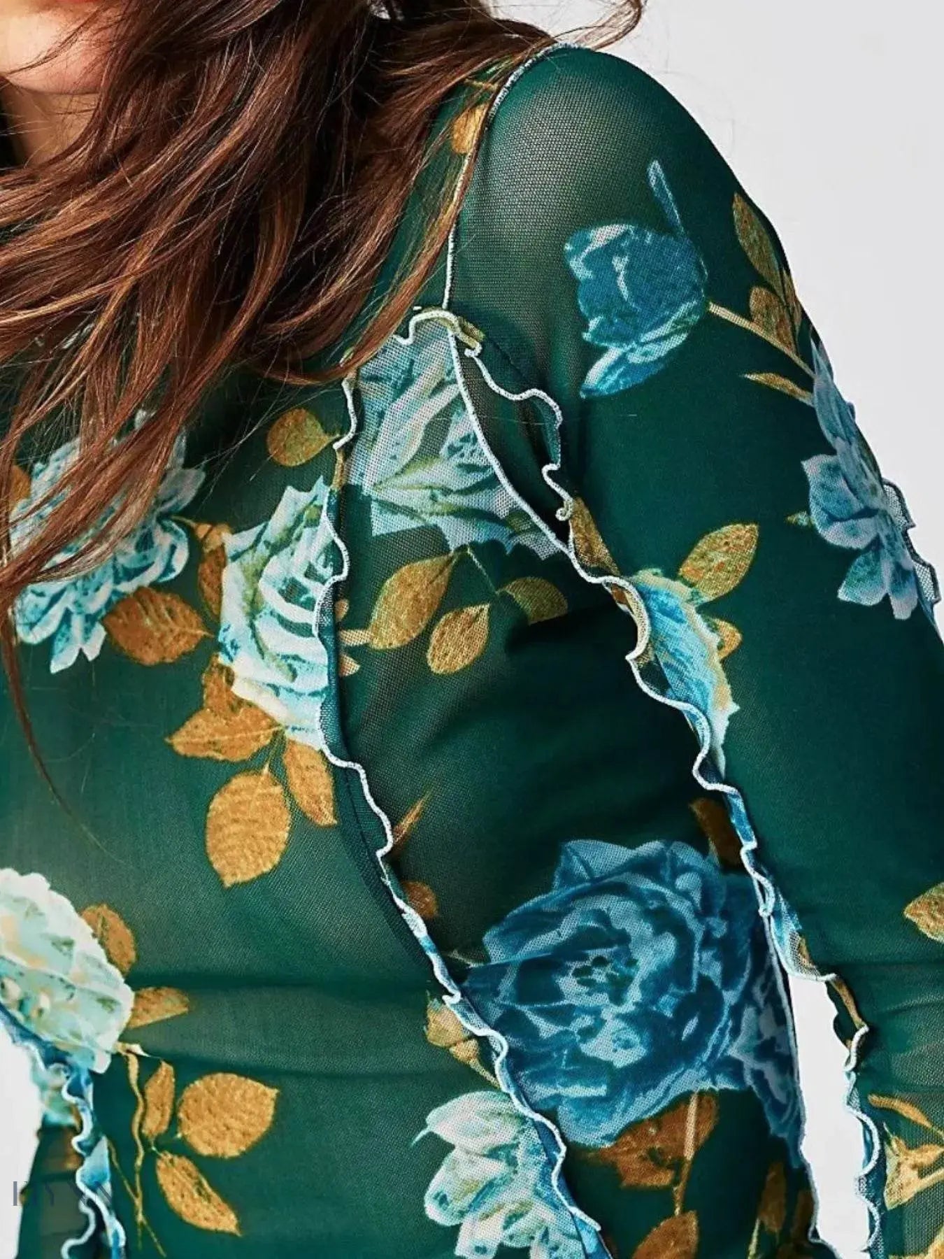 Floral Print Long Sleeve Top with Mock Neck - EBYNN