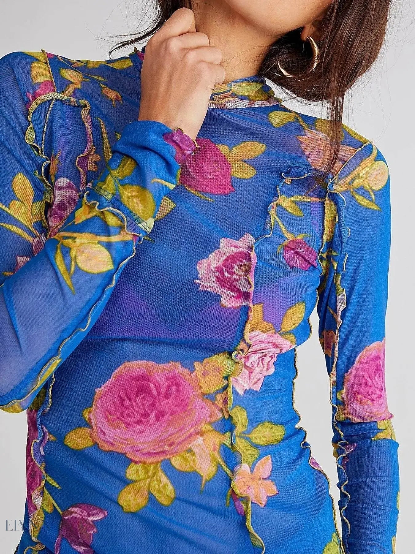 Floral Print Long Sleeve Top with Mock Neck - EBYNN