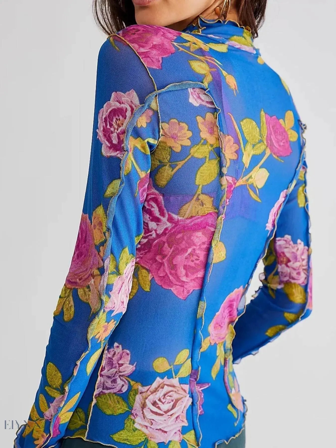 Floral Print Long Sleeve Top with Mock Neck - EBYNN