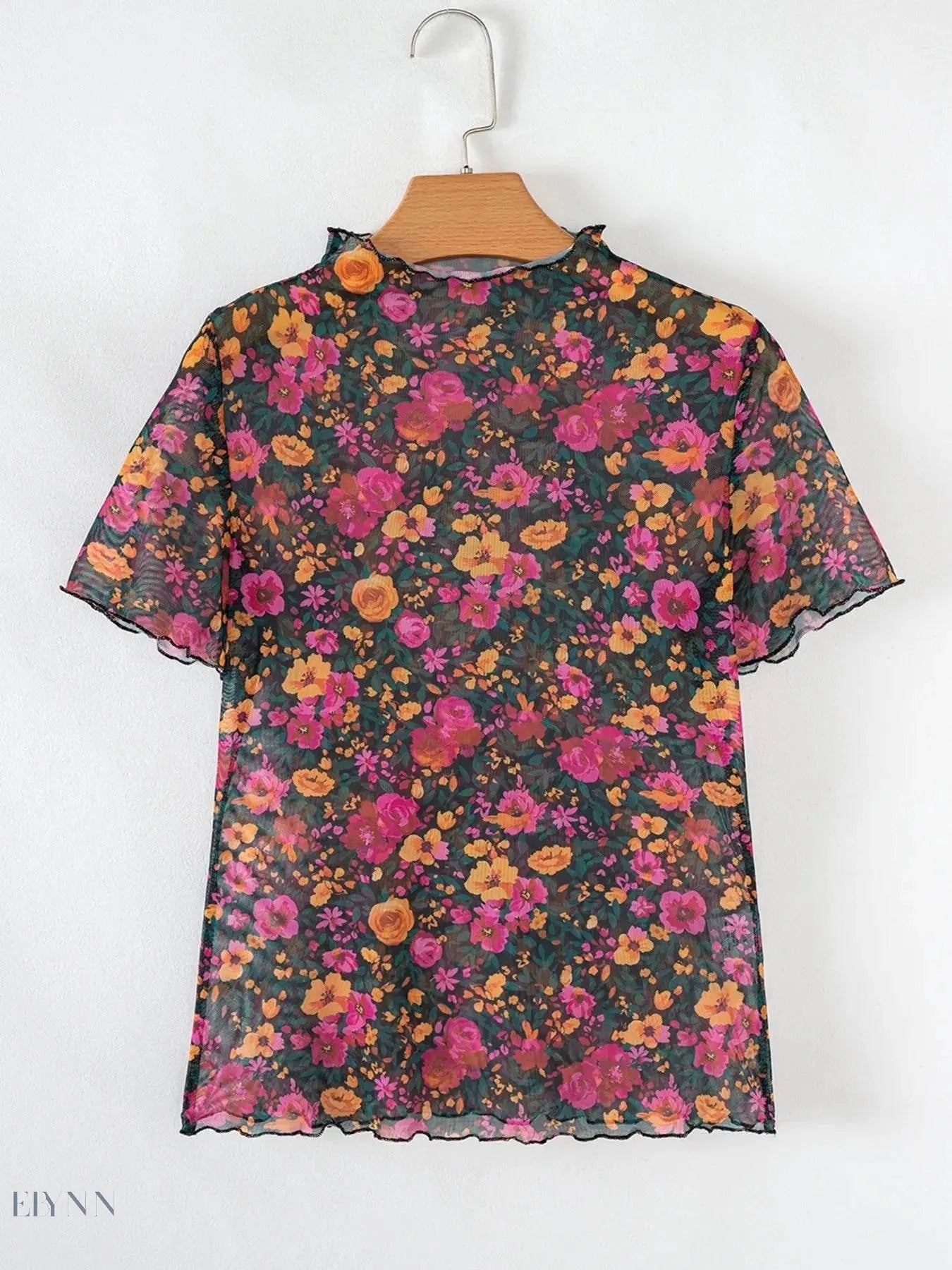 Floral Print Mock Neck Short Sleeve Top - EBYNN
