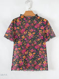 Floral Print Mock Neck Short Sleeve Top - EBYNN