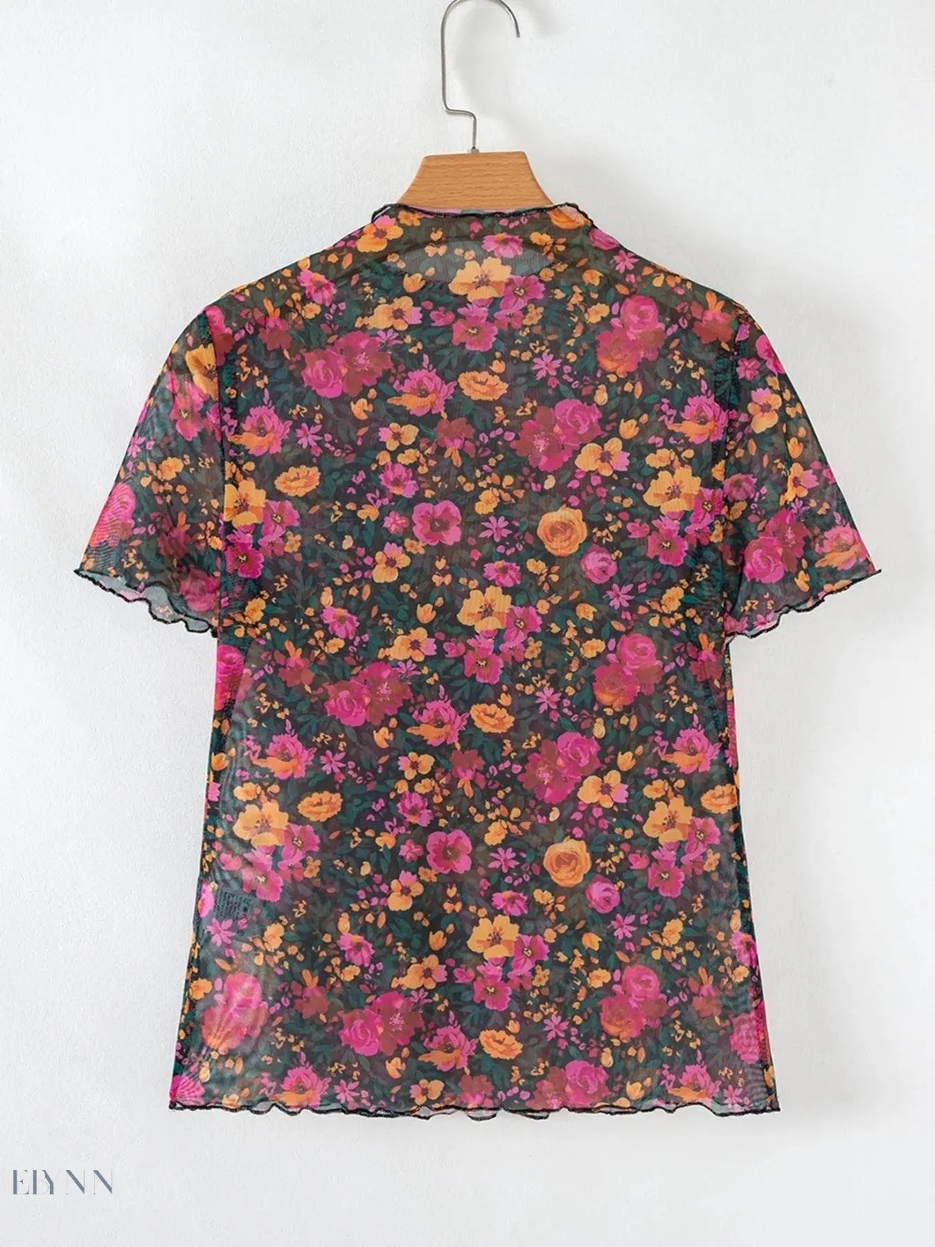 Floral Print Mock Neck Short Sleeve Top - EBYNN