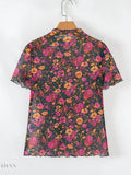 Floral Print Mock Neck Short Sleeve Top - EBYNN