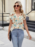 Floral Summer Blouse with V-Neck and Cap Sleeves for Effortless Style - EBYNN