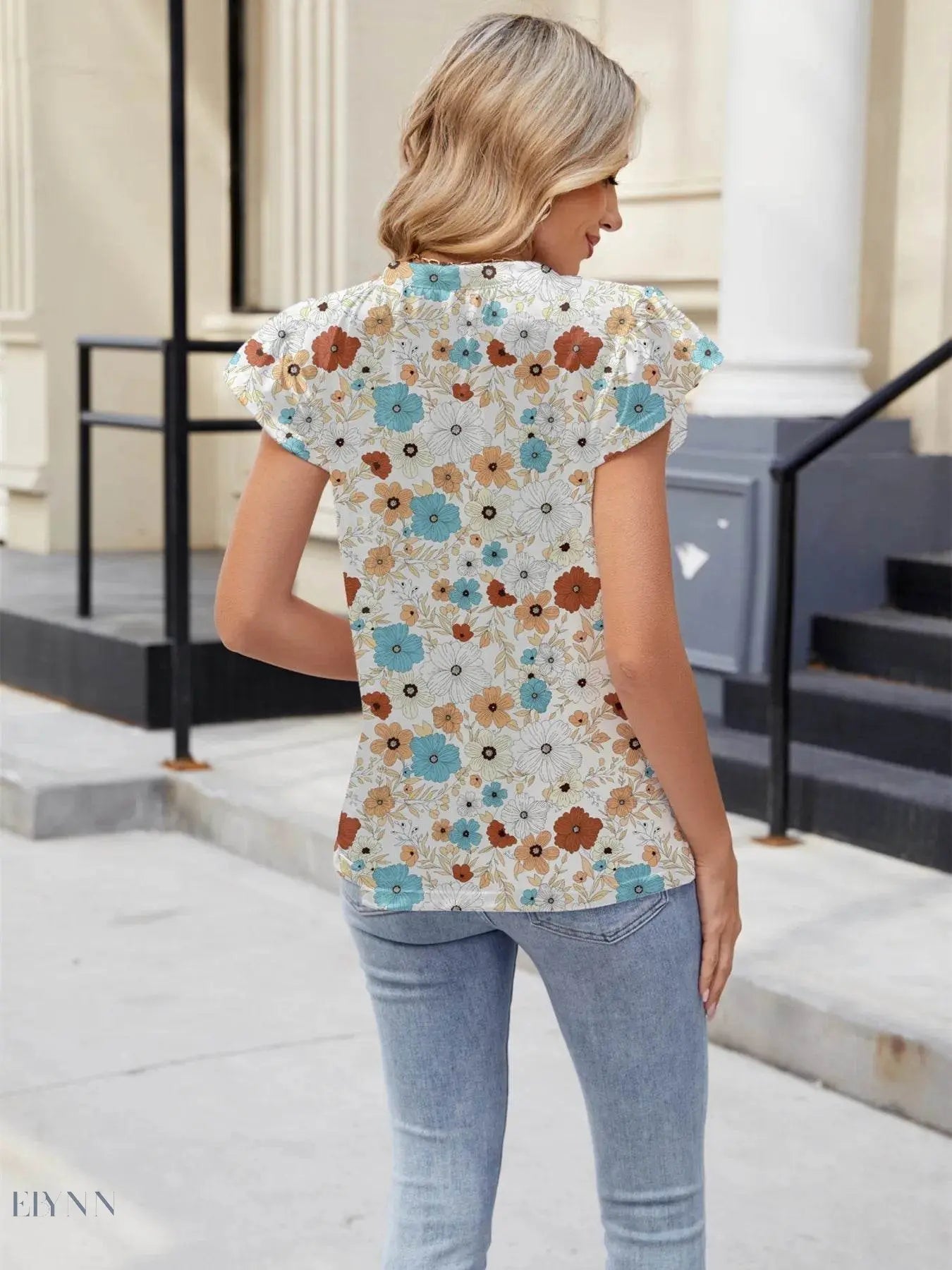Floral Summer Blouse with V-Neck and Cap Sleeves for Effortless Style - EBYNN