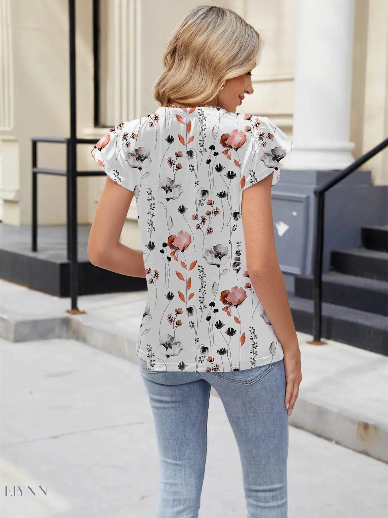 Floral Summer Blouse with V-Neck and Cap Sleeves for Effortless Style - EBYNN