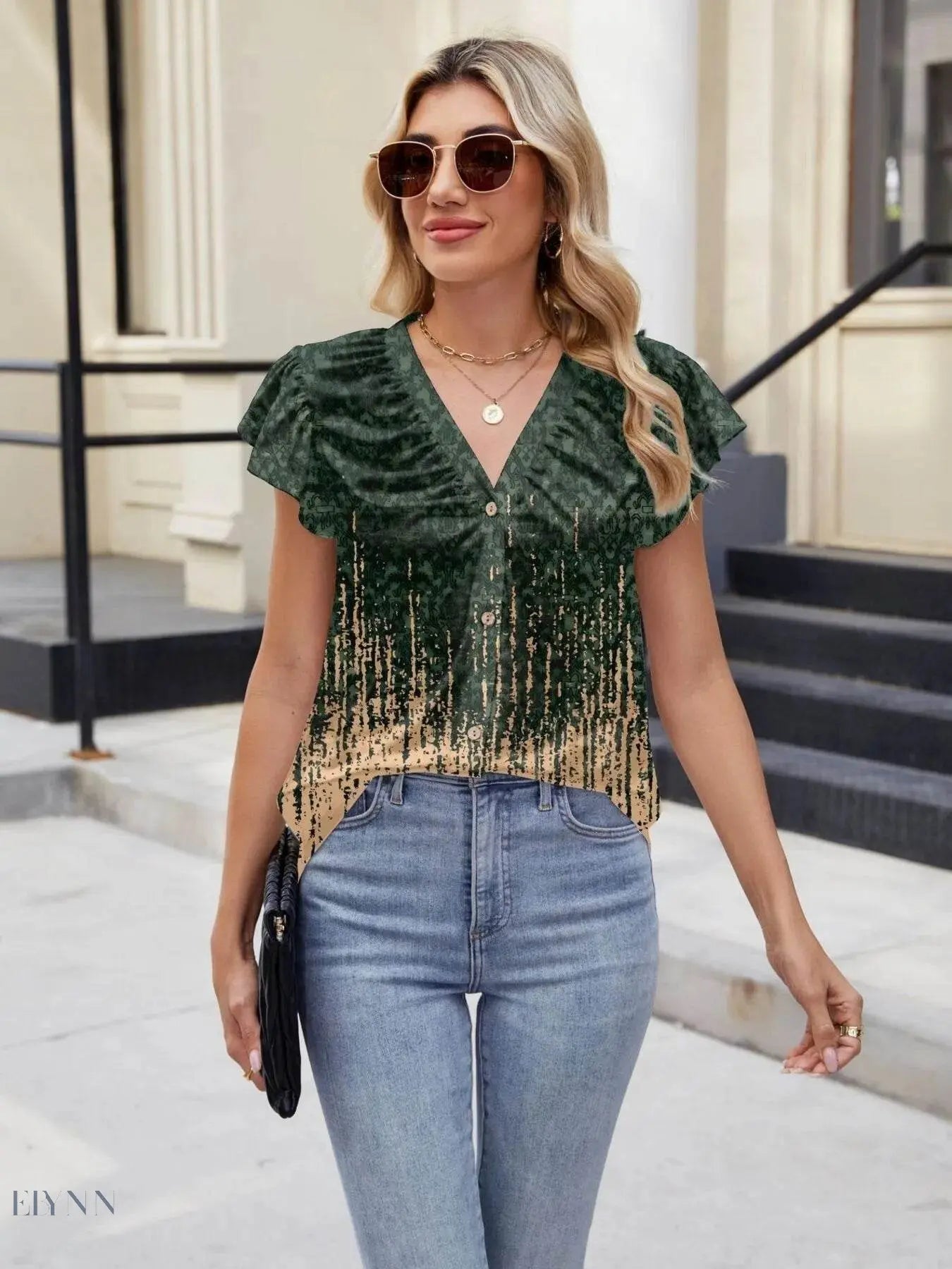 Floral Summer Blouse with V-Neck and Cap Sleeves for Effortless Style - EBYNN